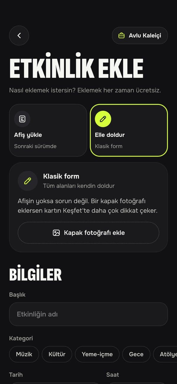 Popin uygulamasından ekran: Etkinliğini ekle